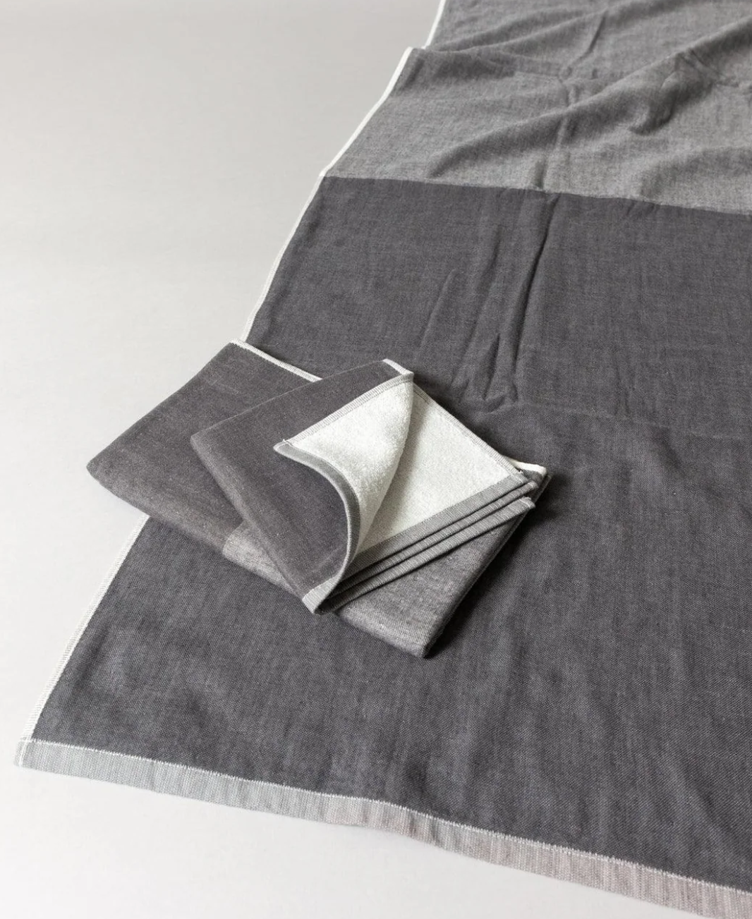 Black two-tone chambray towel set showing woven fronts and terry backing